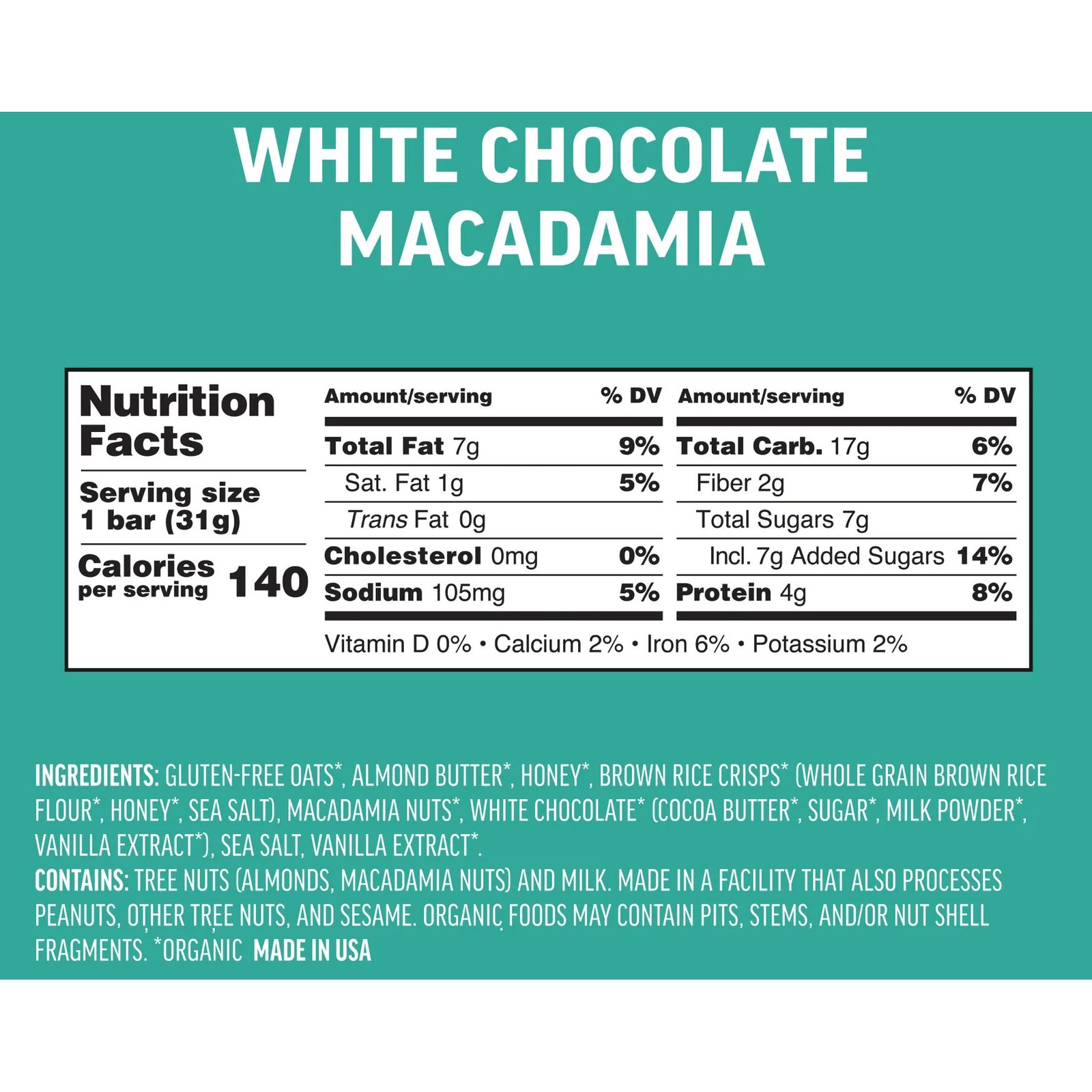 Kate’s Real Food Mini Bar 1.1oz, 24/Box – White Chocolate Macadamia