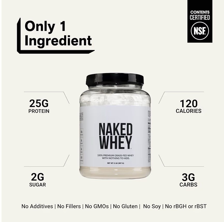 NAKED Grass-Fed Whey Protein Concentrate Powder, NSF Certified Non-GMO 2 lb