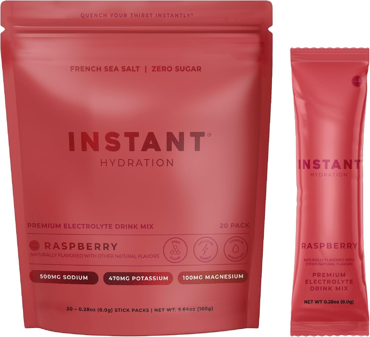 Instant Hydration Sugar Free Electrolytes Powder Packets -20 Sticks Raspberry