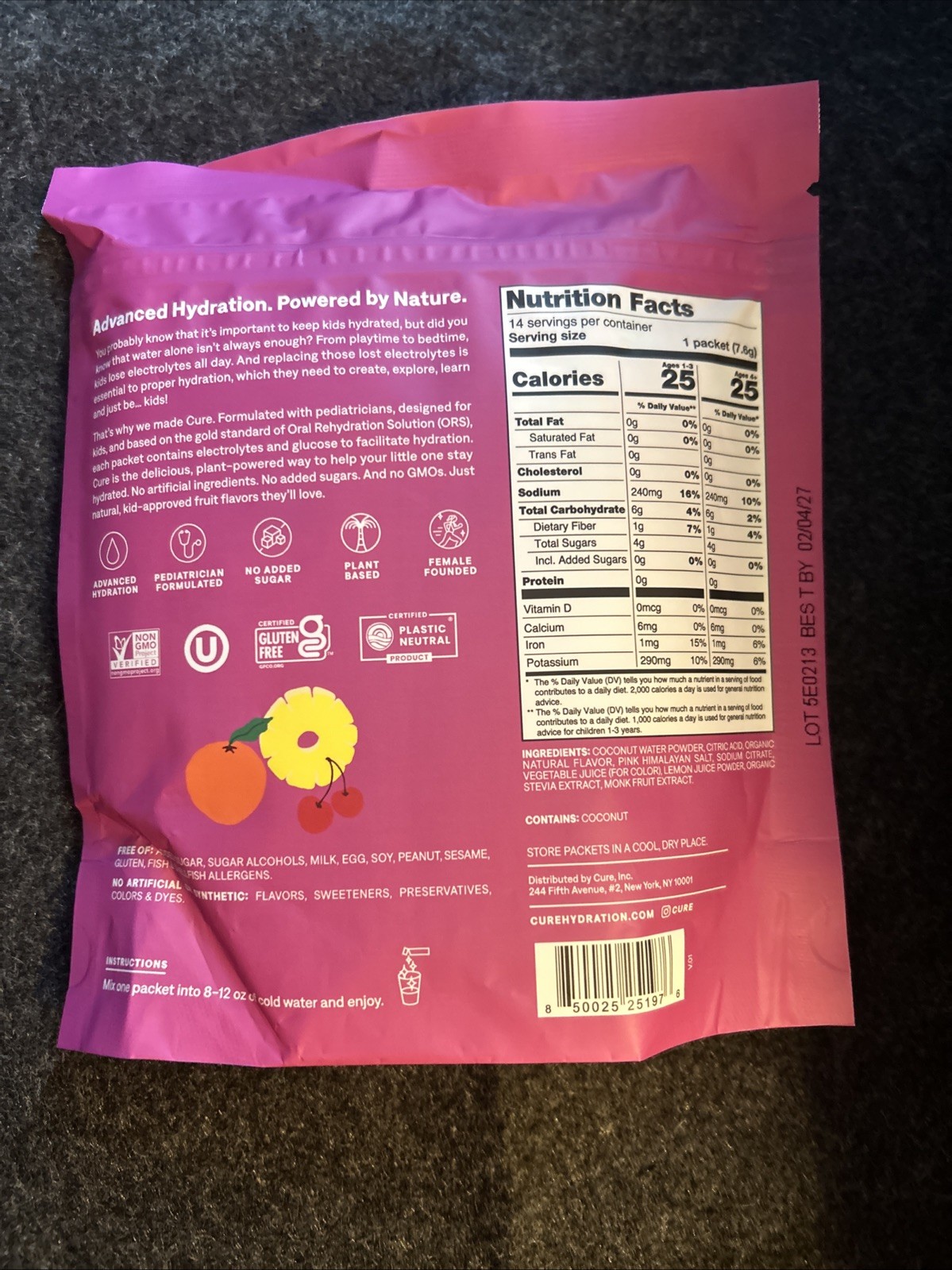 Cure Hydration Kids Electrolyte Drink Mix Fruit Punch 14 Pack 02/04/27