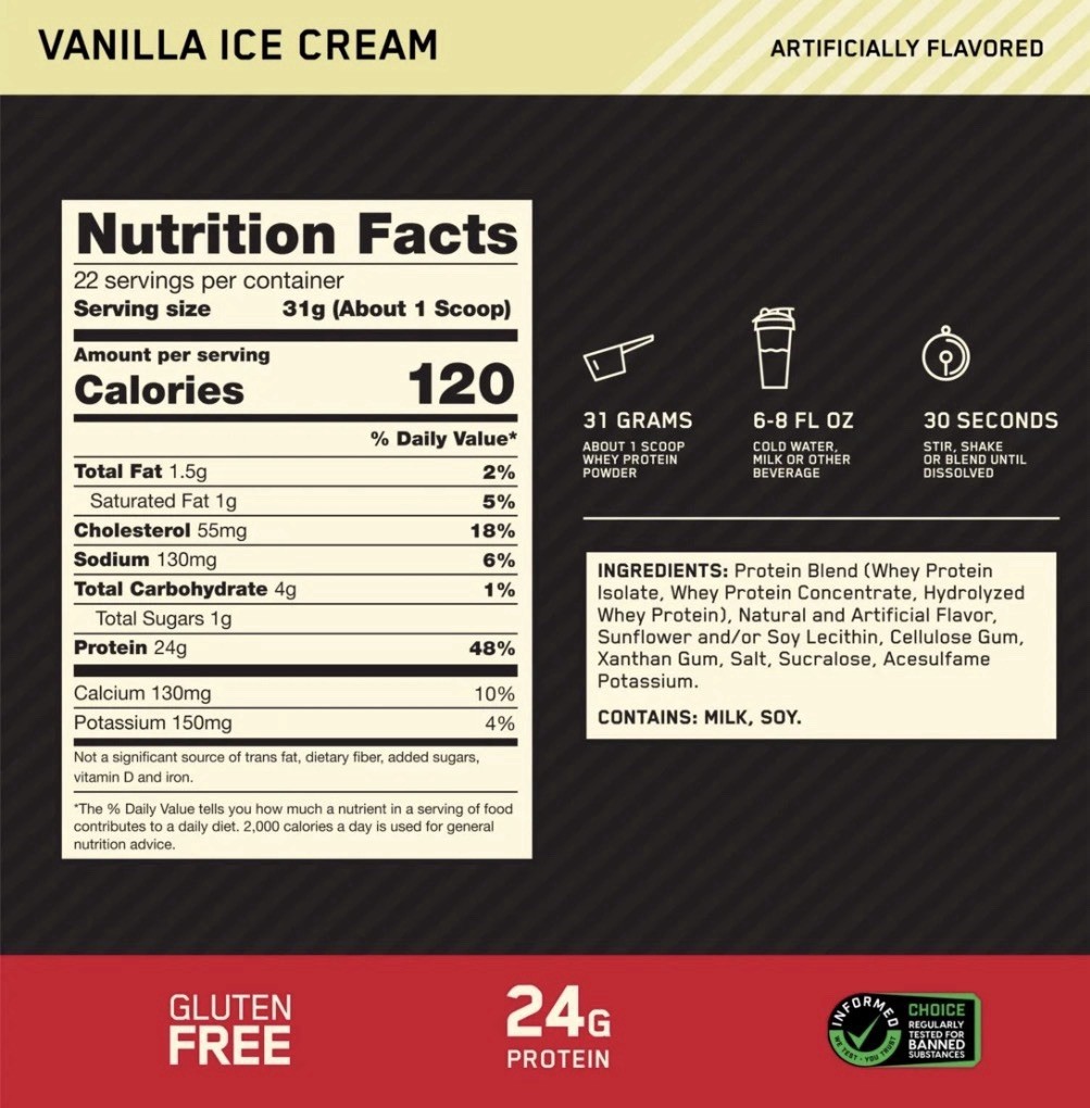 Gold Standard 100% Whey Protein Powder, Vanilla Ice Cream 1.5lb Tub, 22 Servings