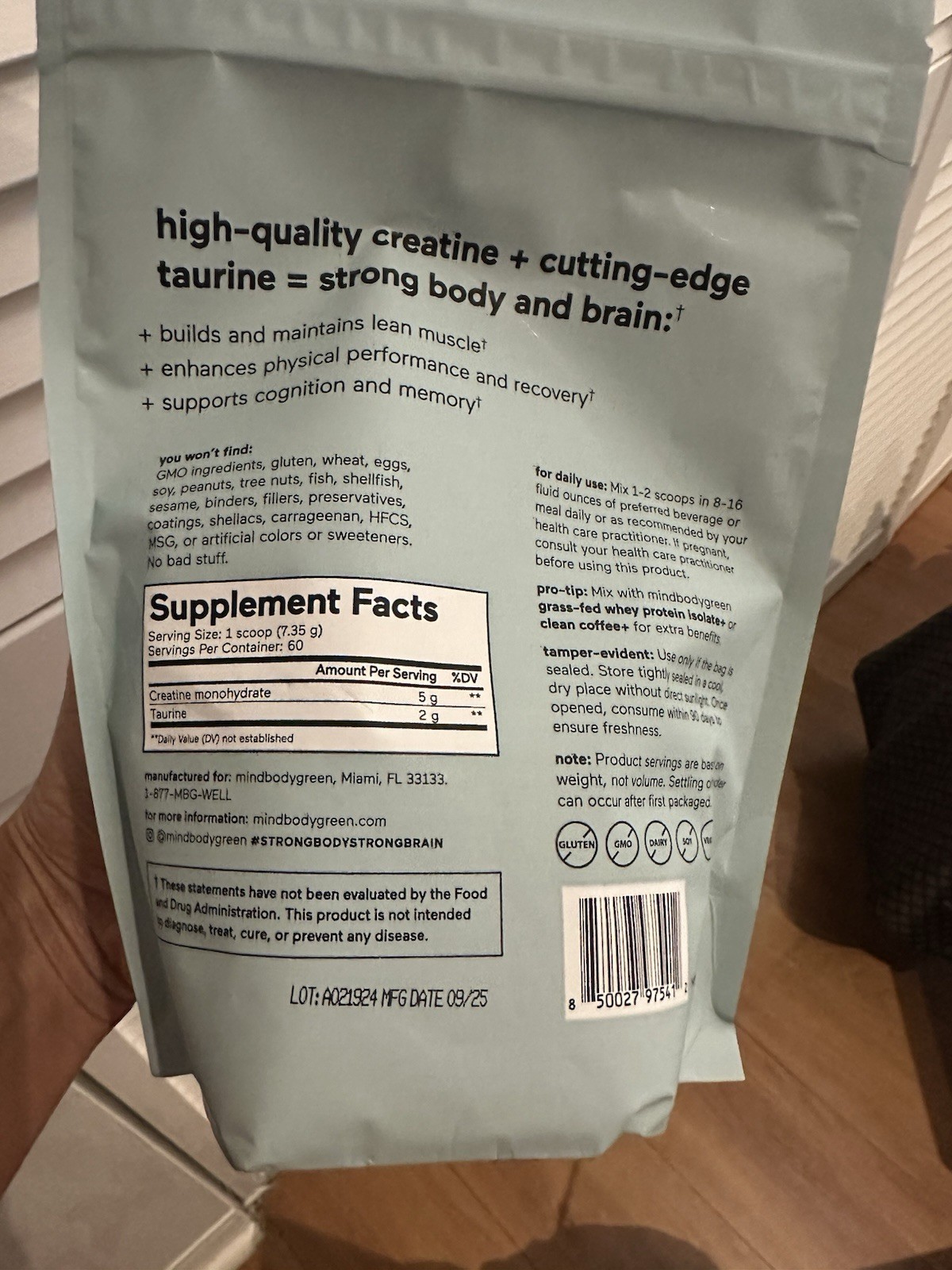 mindbodygreen Creatine+ w/ Taurine Powder Unflavored Vegan 15.5 oz 60 Serv