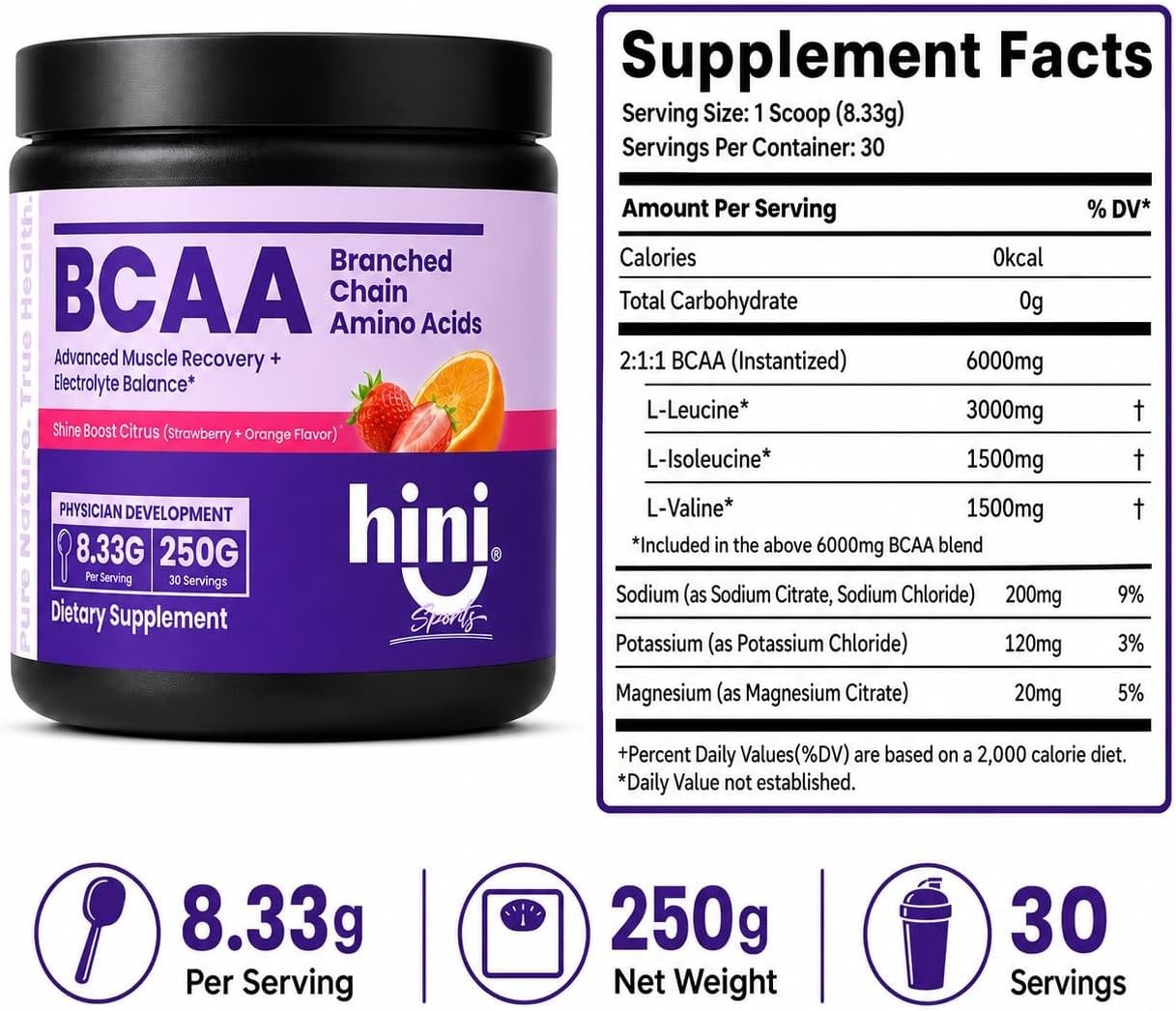 BCAA Powder, 2:1:1 Branched Chain Amino Acids with Electrolytes, 6000mg BCAA …