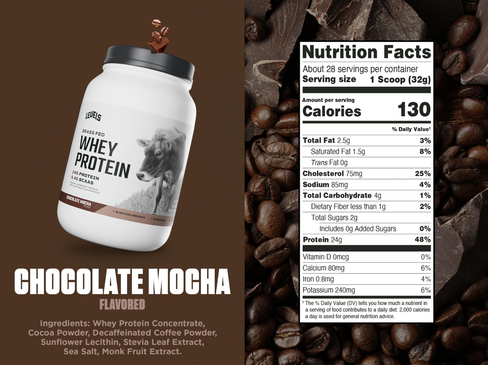 Levels Grass Fed Whey Protein Powder No Artificials 24G of Protein Chocolate …