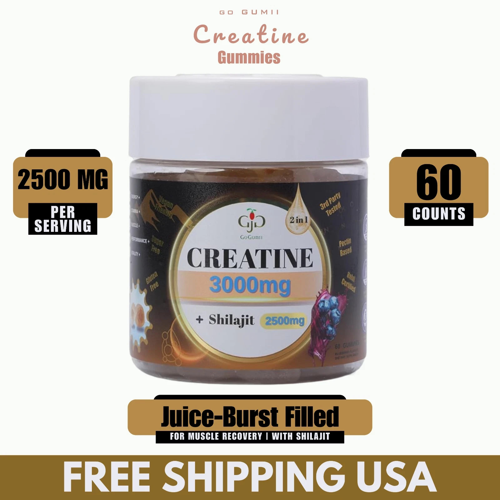 Creatine Gummies 3000mg with Shilajit 60 Ct Blueberry Muscle Recovery Energy