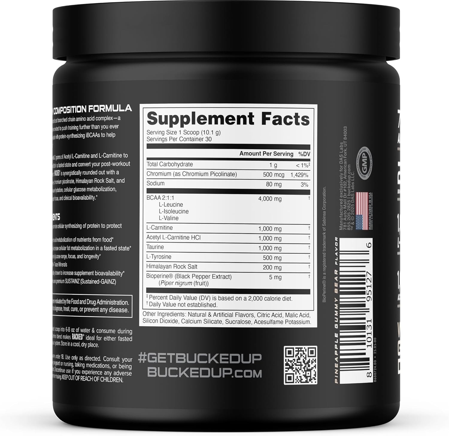 Bucked Up Racked White Gummy Deer BCAA Intra Workout Amino Powder 30 Servings.