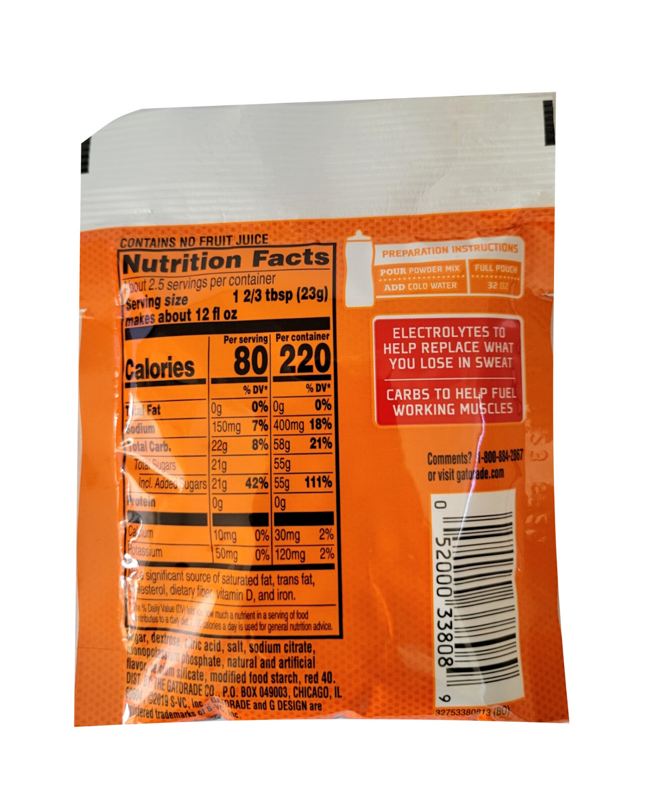 20 Pouches Gatorade Thirst Quencher Powder Mix, Fruit Punch Flavor, Makes 5 Gal.