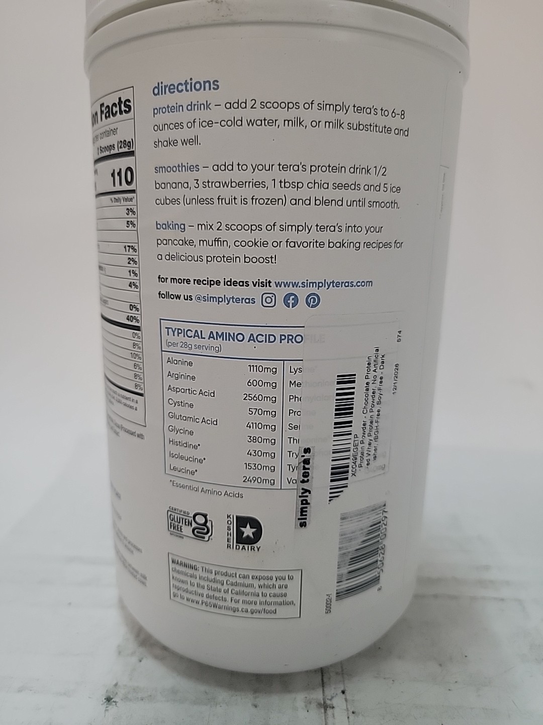 Simply Teras Pure Whey Protein Dark Chocolate 24 Oz BB12/26