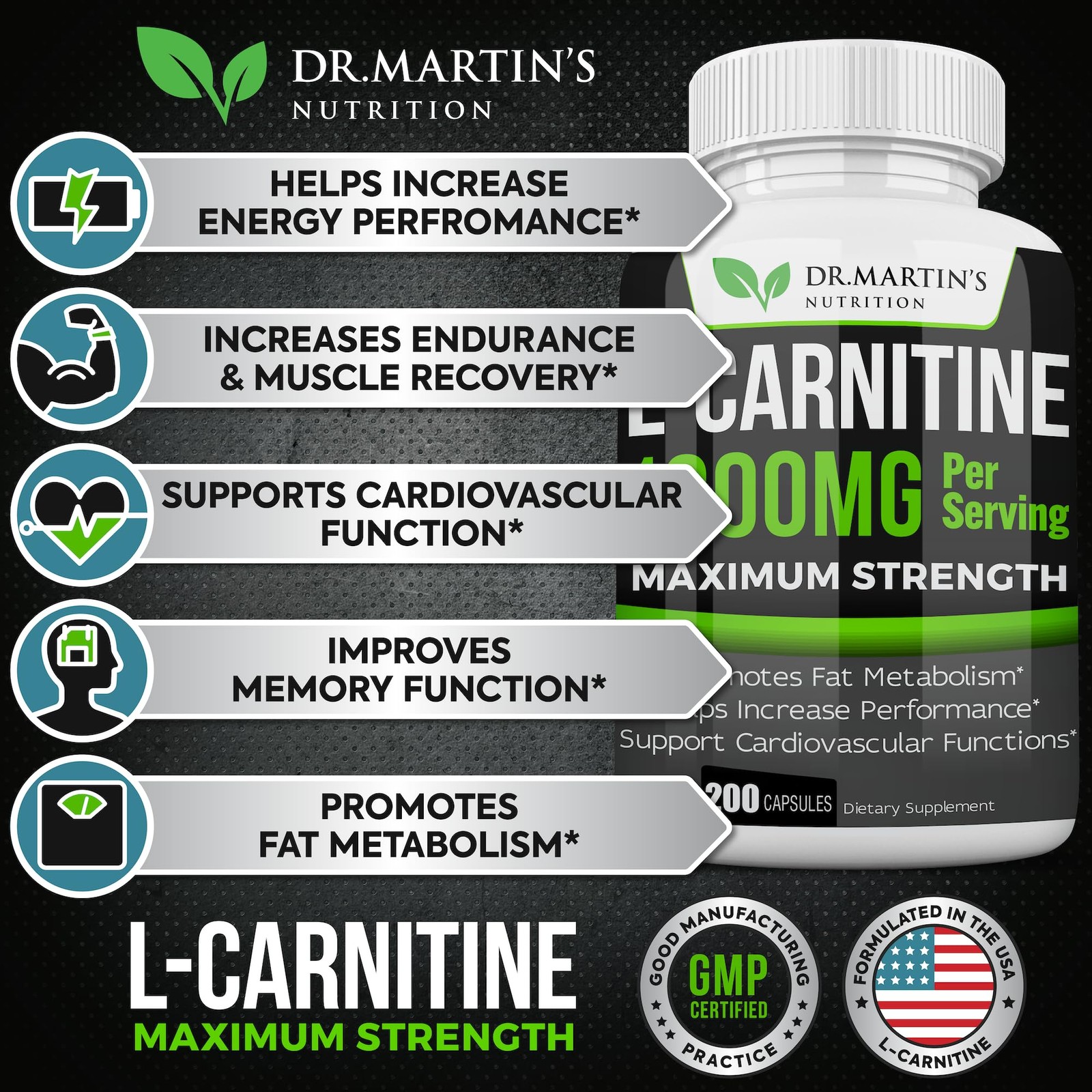 DR. MARTIN’S NUTRITION Extra Strength L-Carnitine – 200 200 Count (Pack of 1)
