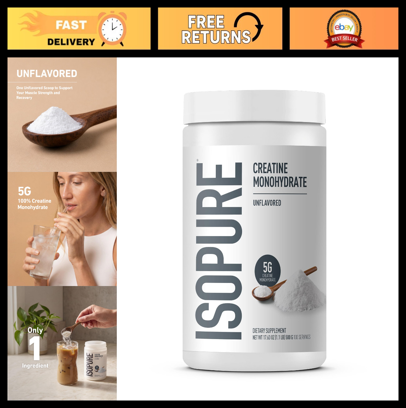 100% Pure Creatine Monohydrate Powder, Sugar Free, Unflavored, 5g Per Serving, 1