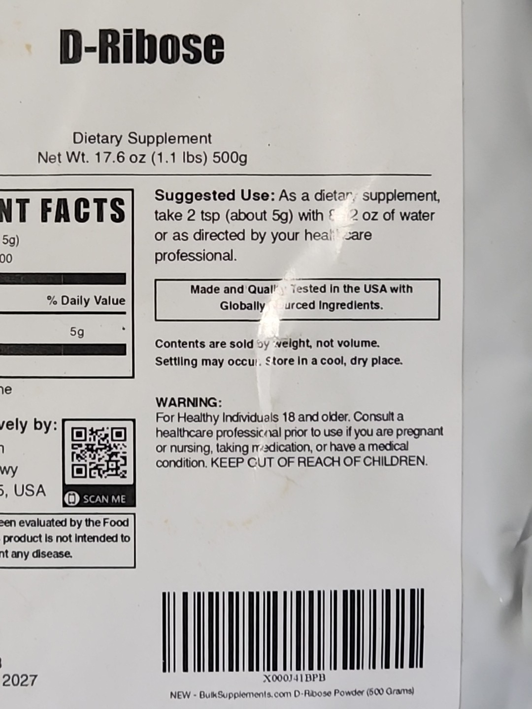 BulkSupplements D-Ribose Powder 17.6oz – 5000 mg Per Serving – 100 serving size