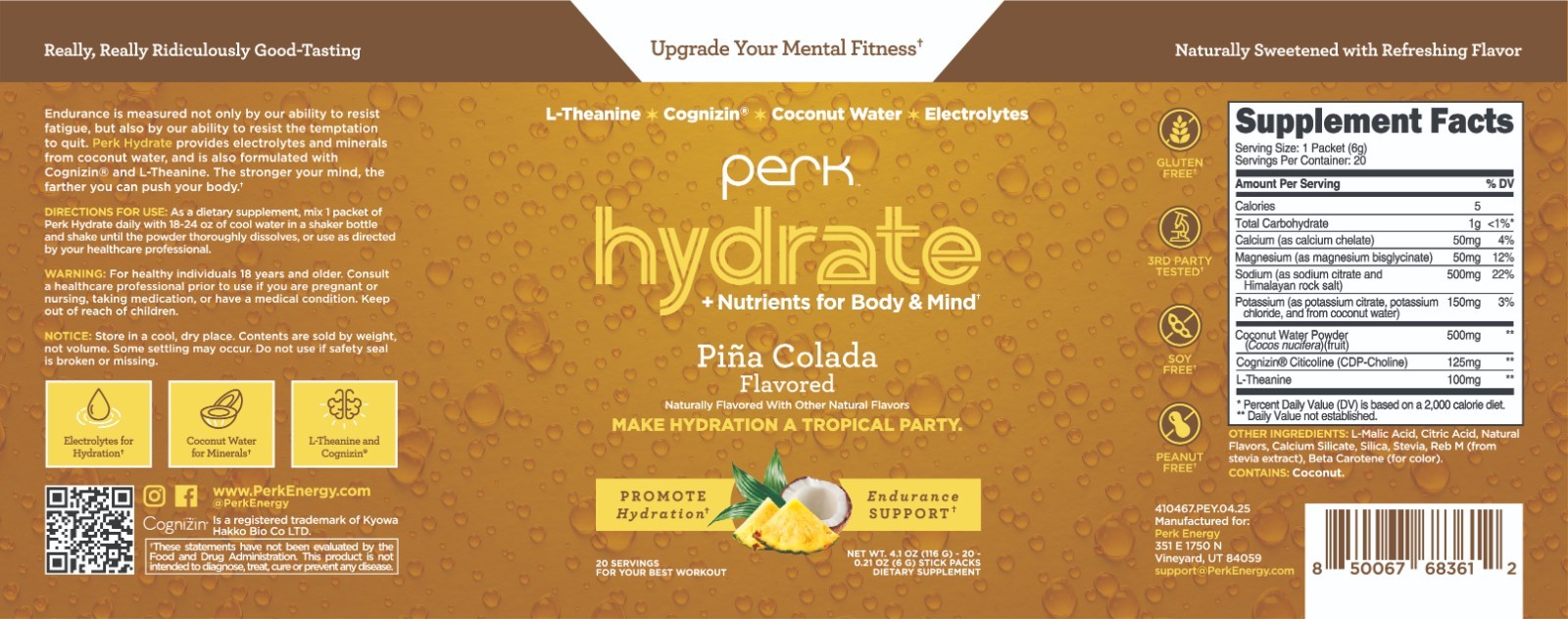 Perk Hydrate Electrolyte Stickpacks Pina Colada Flavored (20 Packets)