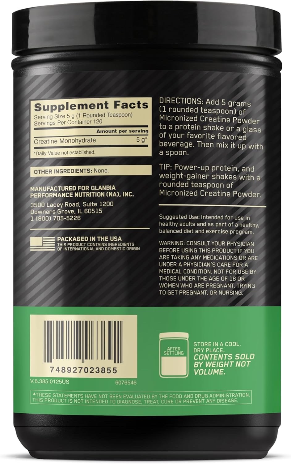 Micronized Creatine Monohydrate Powder, Unflavored, 120 Servings, 600 Grams