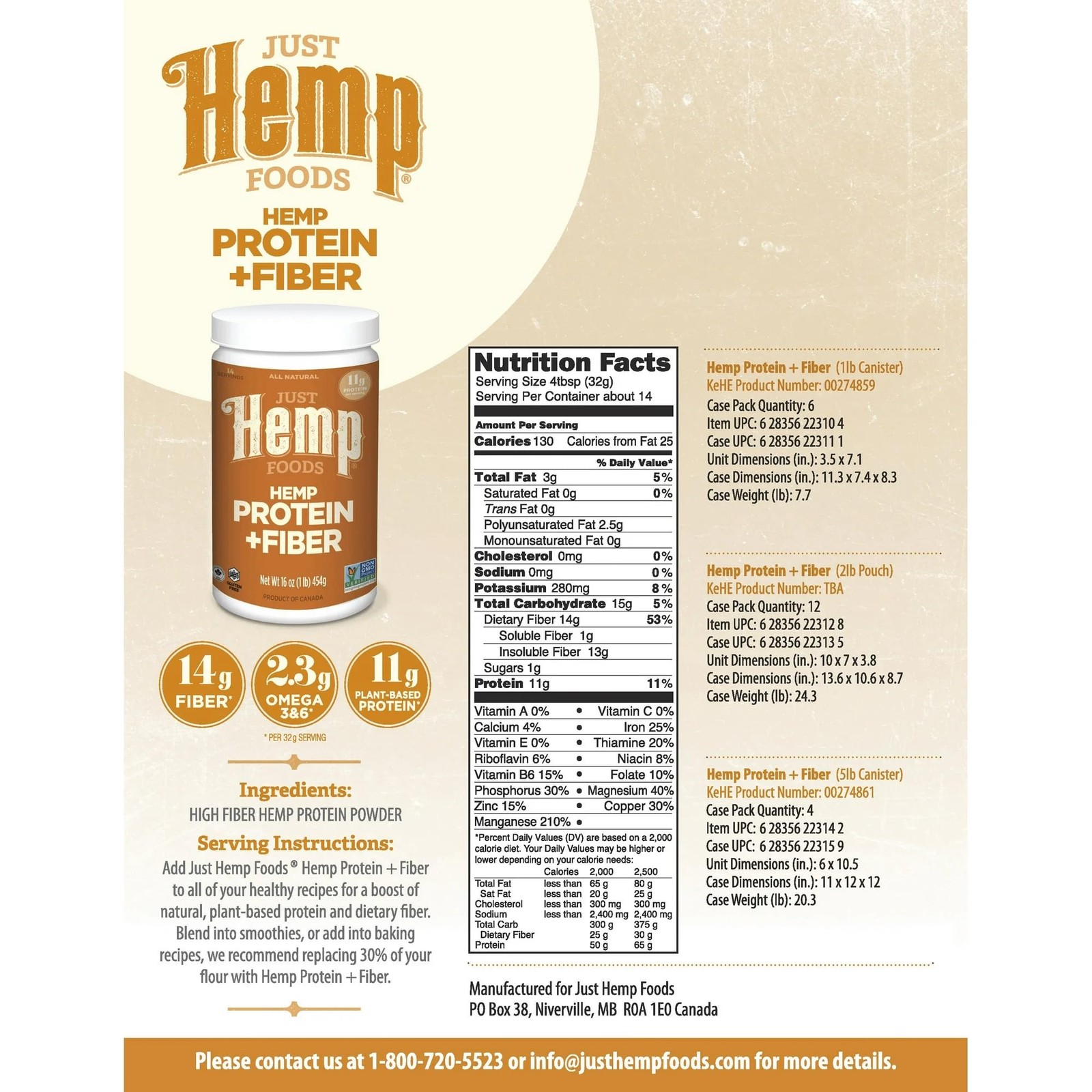 Just Hemp Foods Protein Powder Plus Fiber, 1 Pound (Pack of 1),
