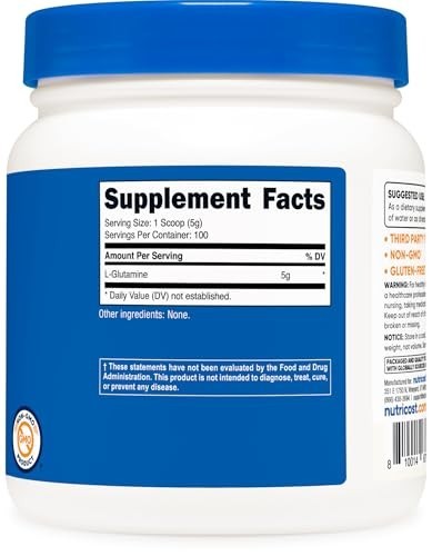 L-Glutamine Powder 500g – Unflavored, Gluten-Free, Non-GMO, 100 Servings, Muscle