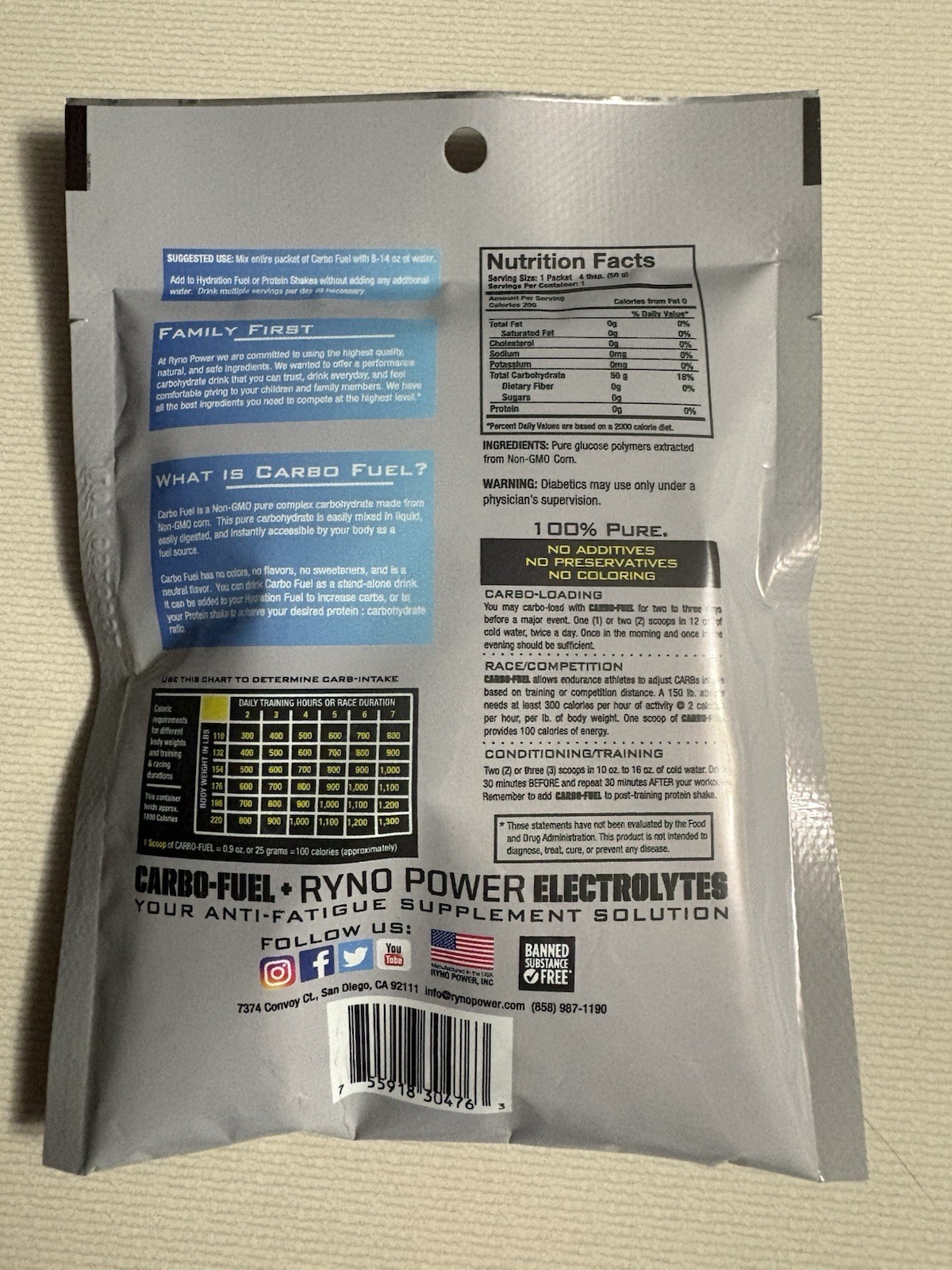RYNO POWER Carbo-Fuel Powder ( 12 ) Single Serving Size 1.7 Ounce 50g