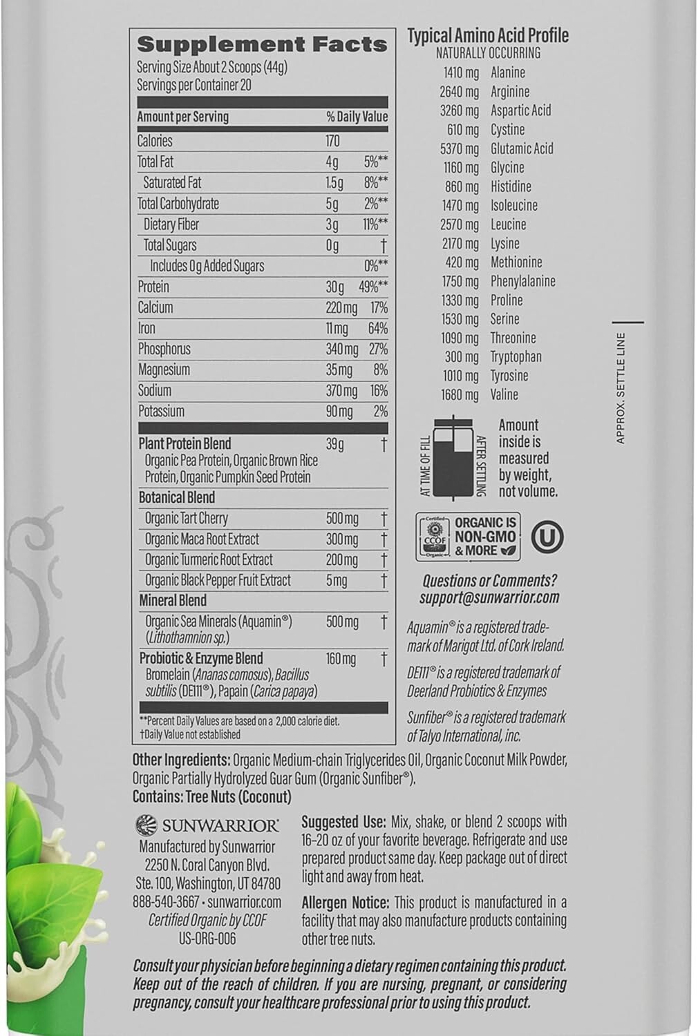 Vegan Protein Powder Plant-Based USDA Organic BCAAs 30g per Serving, 2.2 lbs