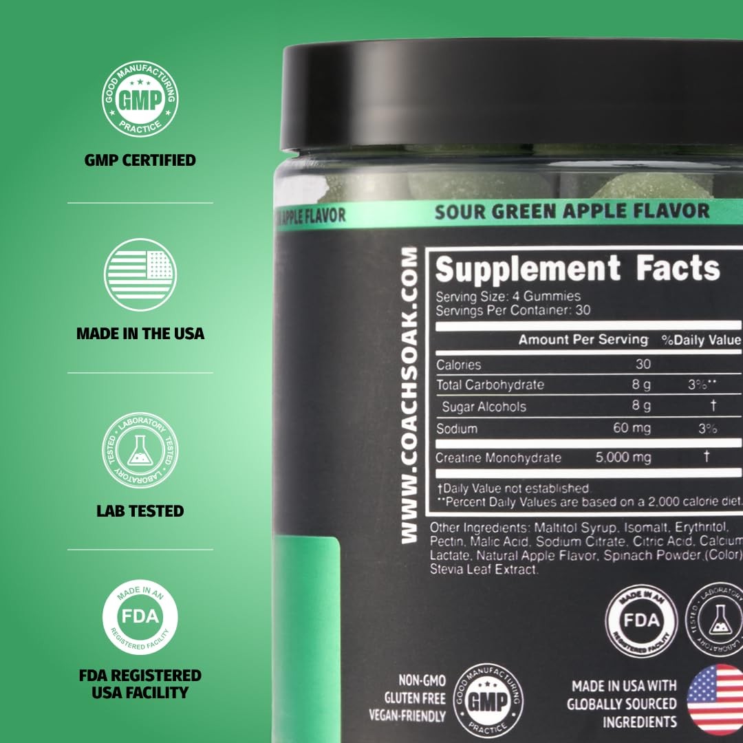 Coach Soak Creatine Monohydrate Gummies 5g Sour Green Apple Vegan 120 Count