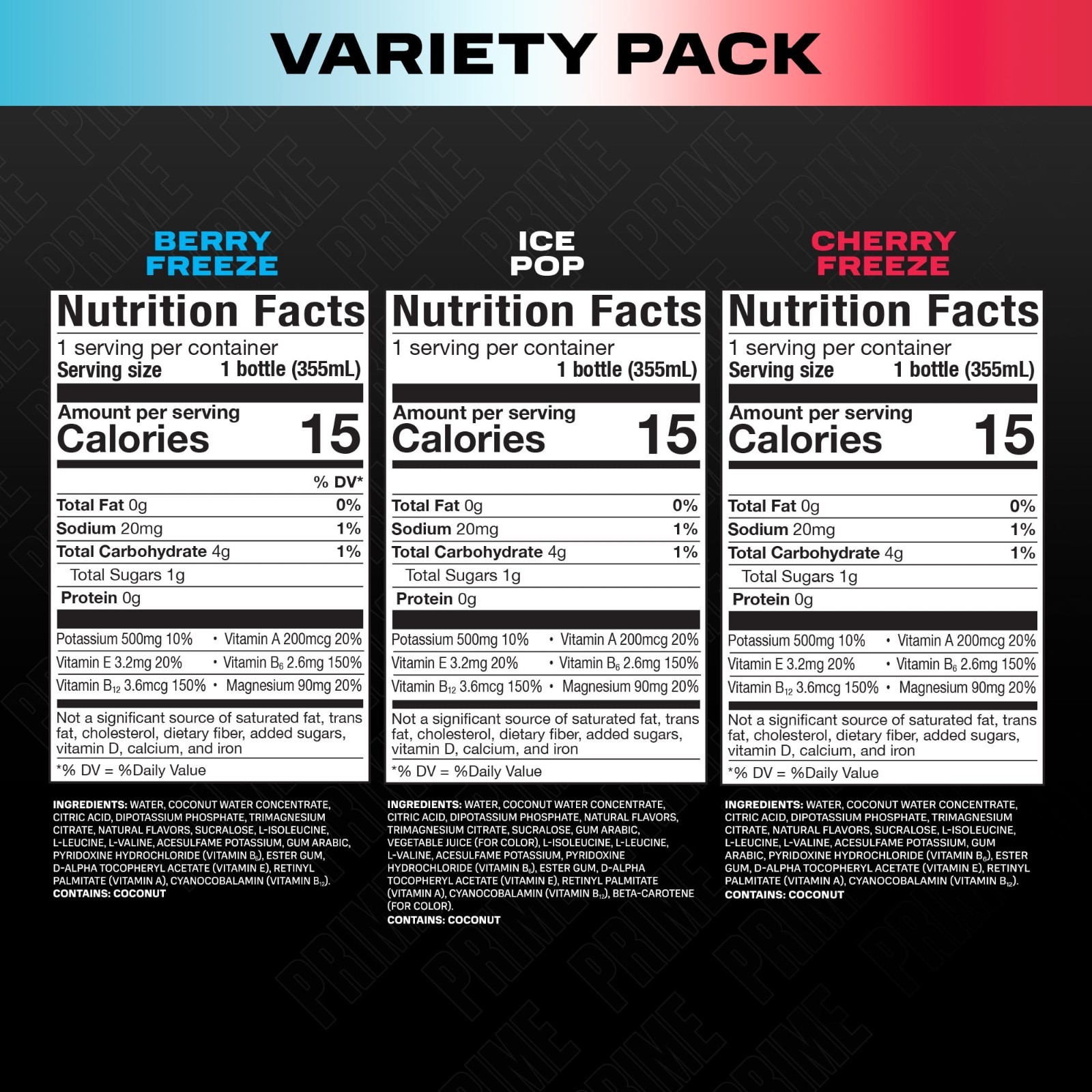 Prime Hydration Sports Drink, Ice Pop, Cherry Freeze, Berry Freeze, 12 fl oz, 15