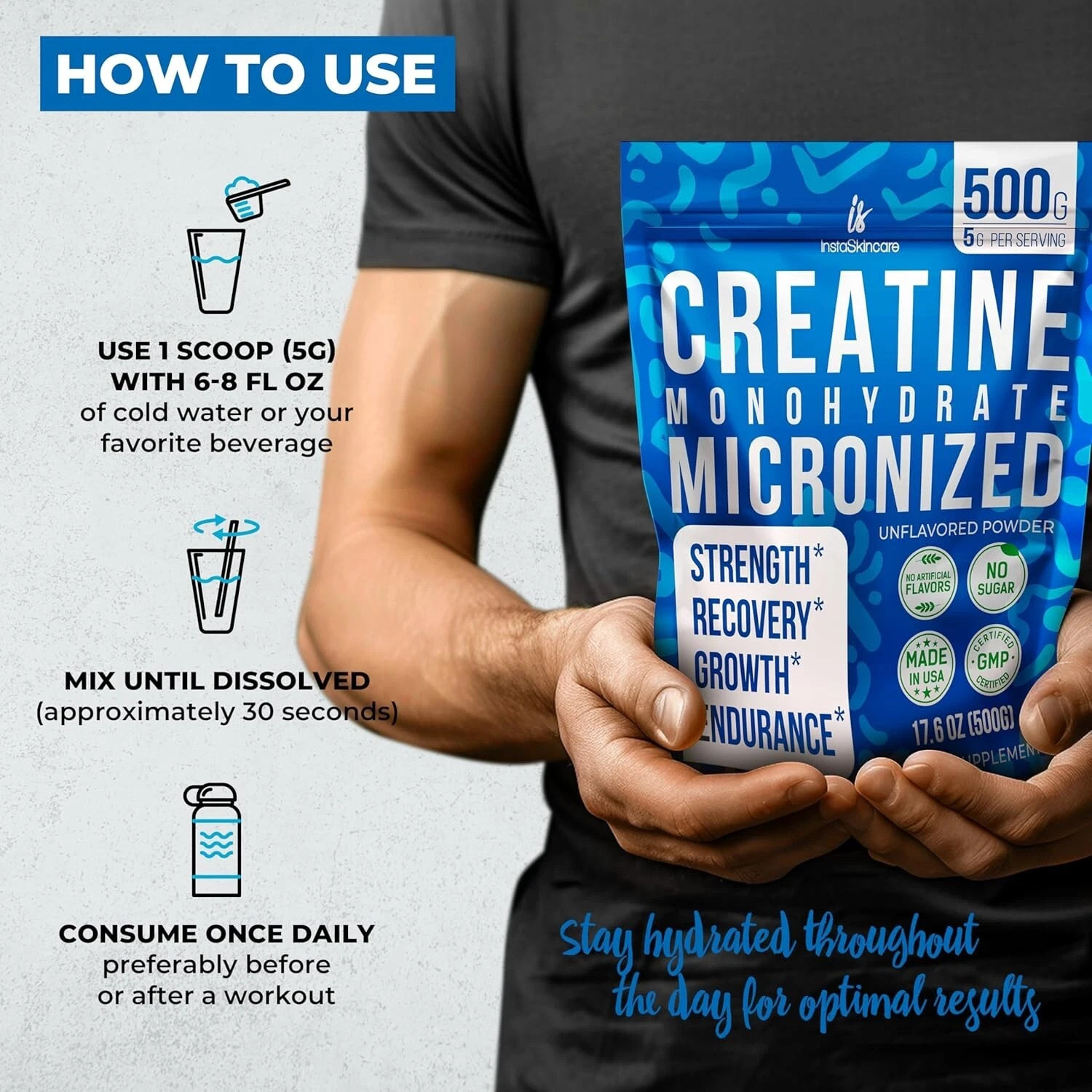 Monohidrato de Creatina en Polvo para Ganar Masa Muscular 5000 mg (5 g) 1,1 lb