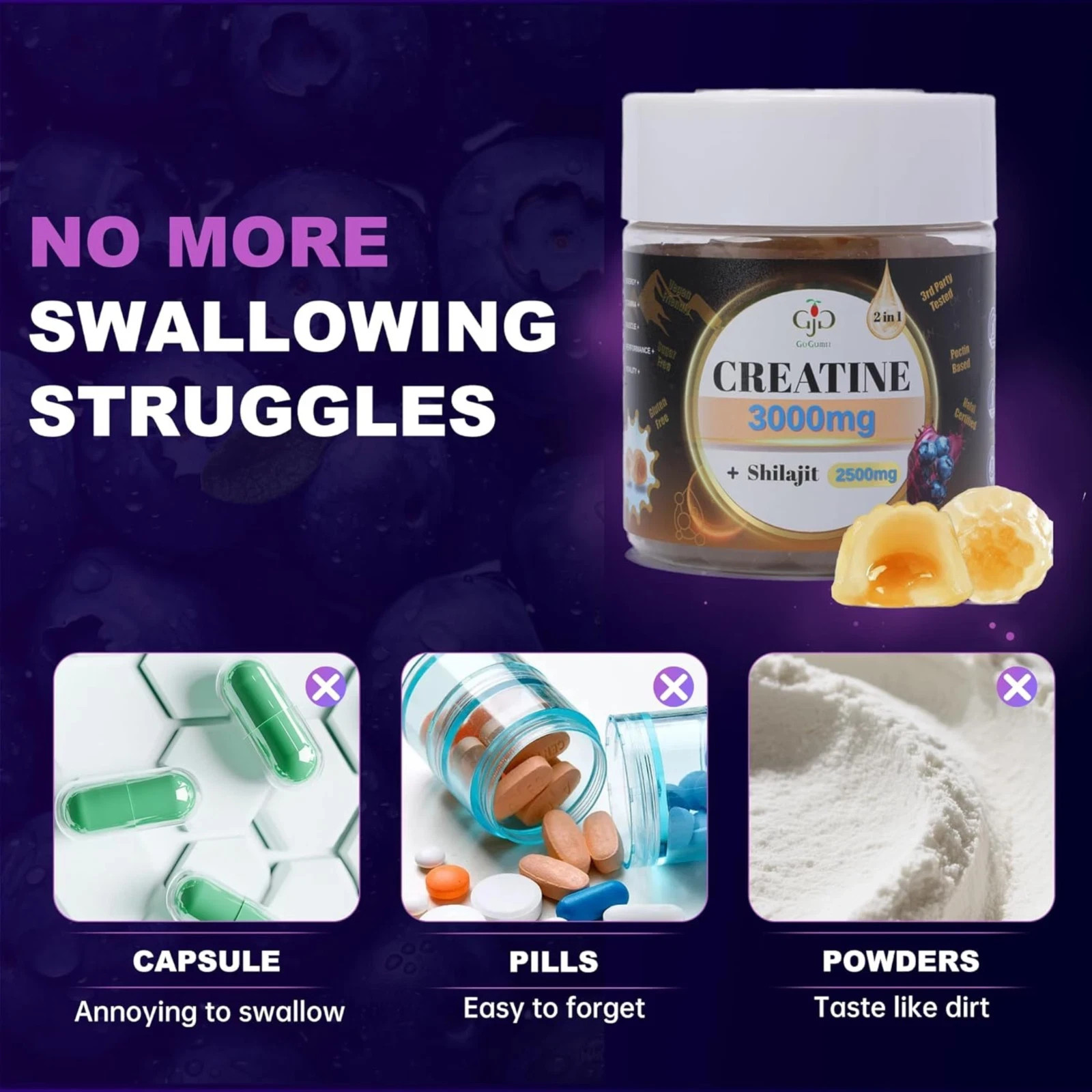 Creatine Gummies 3000mg with Shilajit 60 Ct Blueberry Muscle Recovery Energy