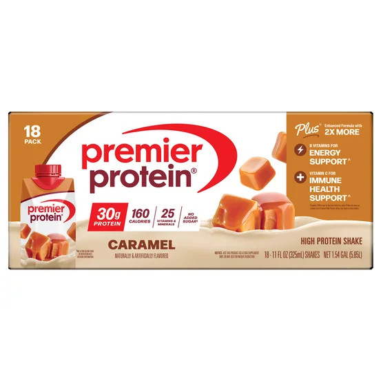Premier Protein PLUS 30g Shakes, Caramel 11 fl oz, 18-Pack – Energy & Immunity