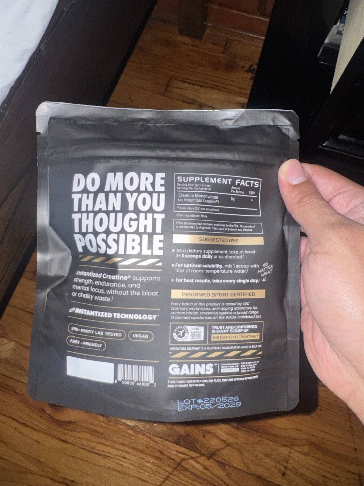 GAINS Instantized Creatine Monohydrate Powder Unflavored Vegan 150g 30 Serv