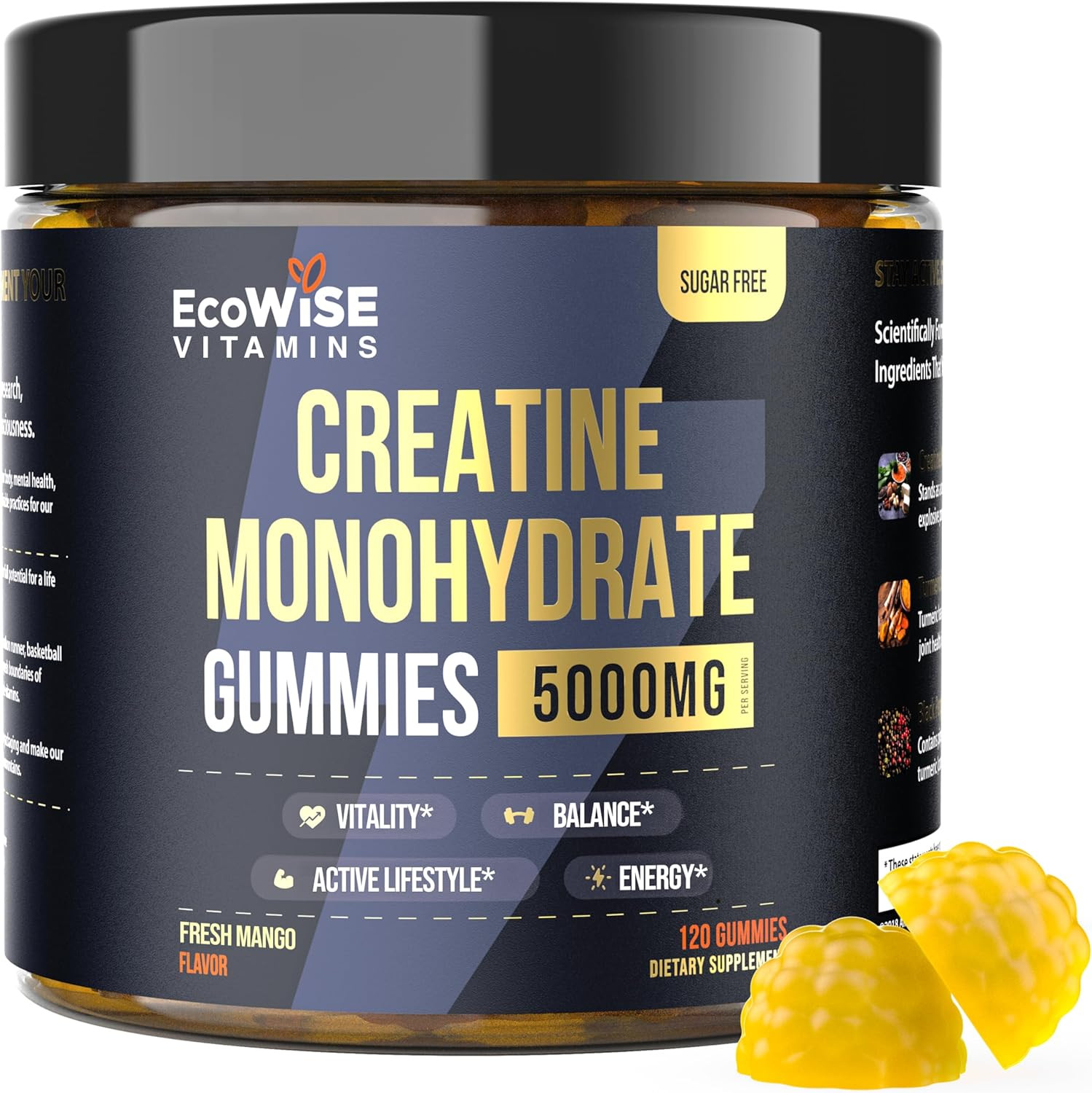 Creatine Monohydrate Gummies 5000 mg per Serving, Mango Flavor, with Turmeric Ro