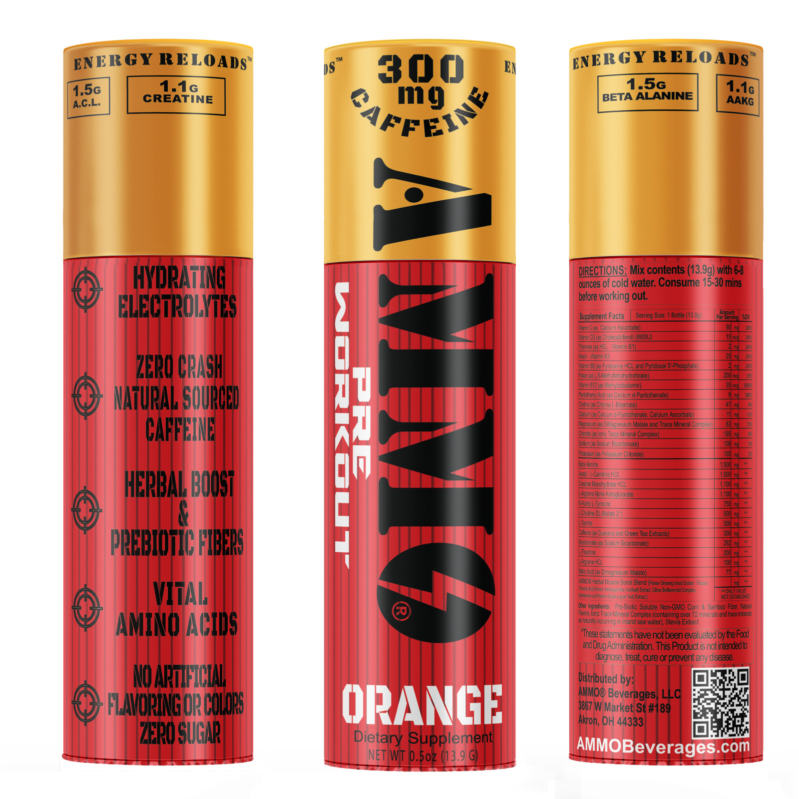 AmmoShots Energy drink powder 12ct Single Shots Orange Zero Sugar ALL Natural