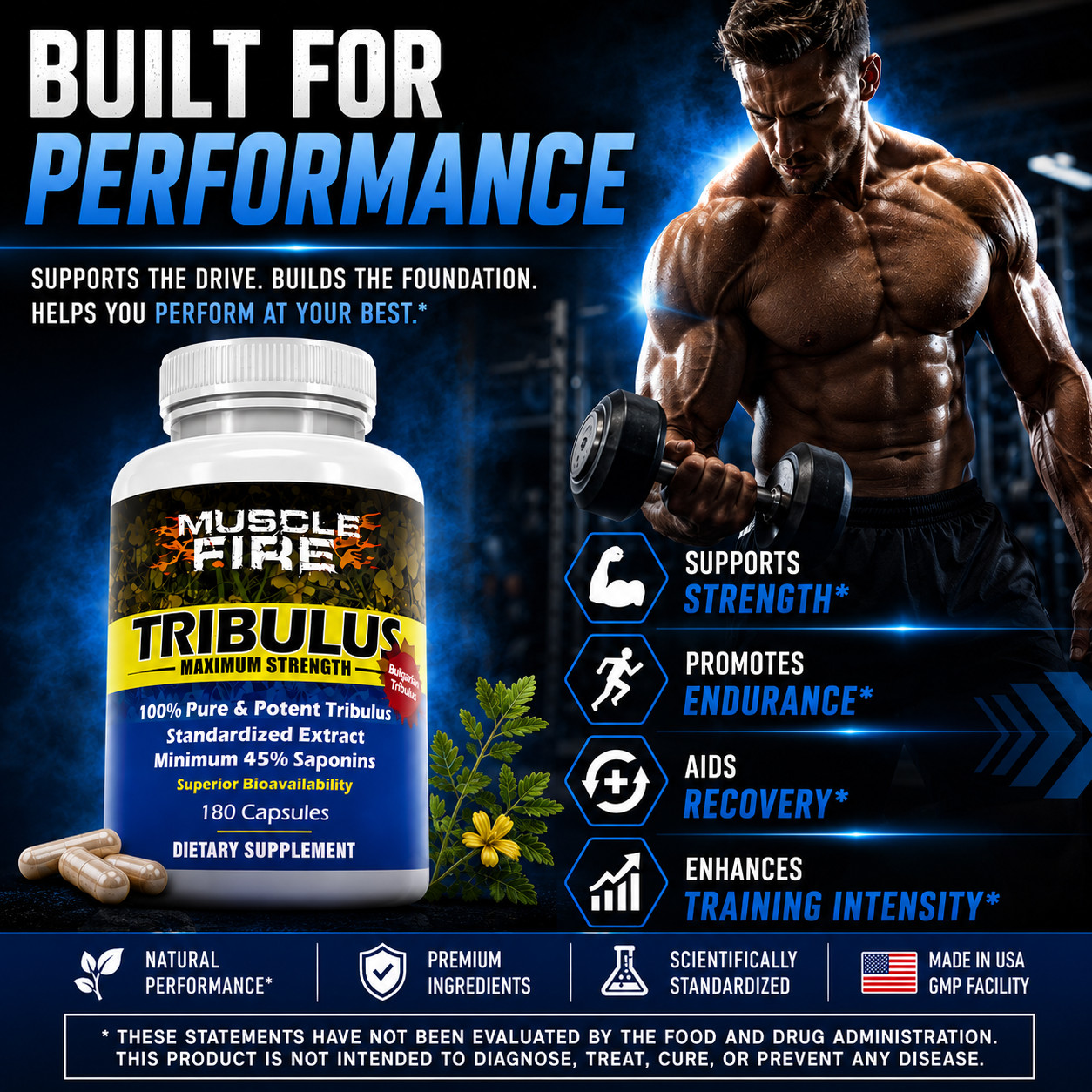 Bulgarian Tribulus Terrestris 180 Count 1500mg 45% Steroidal Saponins
