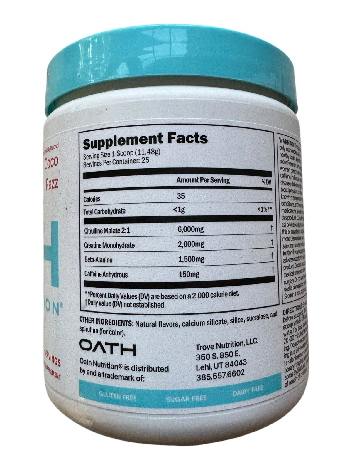 Oath Nutrition Sport Sugar Free Pre-Workout Powder Coco-Razz EXP 11/08/2026
