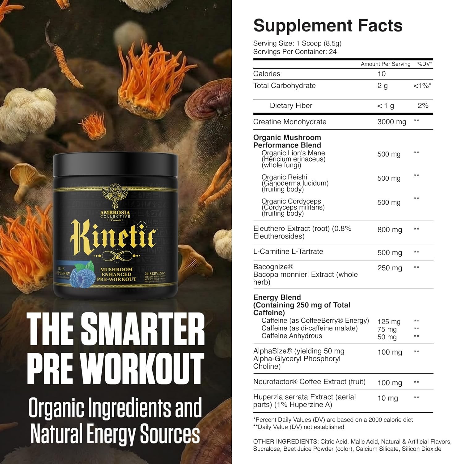 Blue Raspberry Organic Pre Workout with Mushrooms: No Jitters, Enhanced Recovery