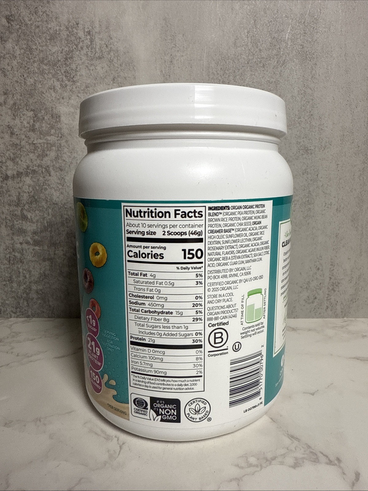 Orgain Plant-Based Protein Powder-Fruity Cereal, 21g Protein (1.02 lb)-FREE SHIP