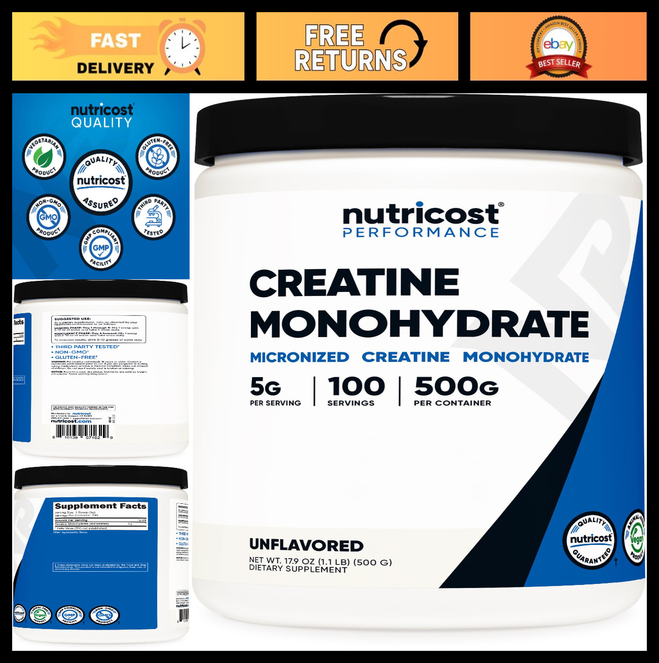 Micronized Creatine Monohydrate Powder 500g – 100 Servings, 5000mg Per Serving
