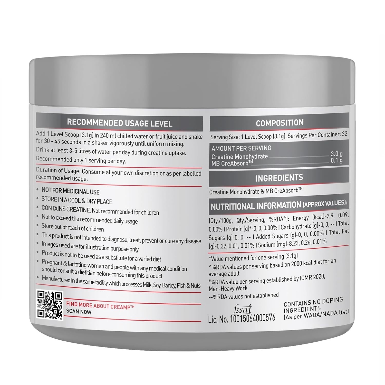 MuscleBlaze Micronised Creatine 100g Monohydrate CreAMP Powder 32 Servings