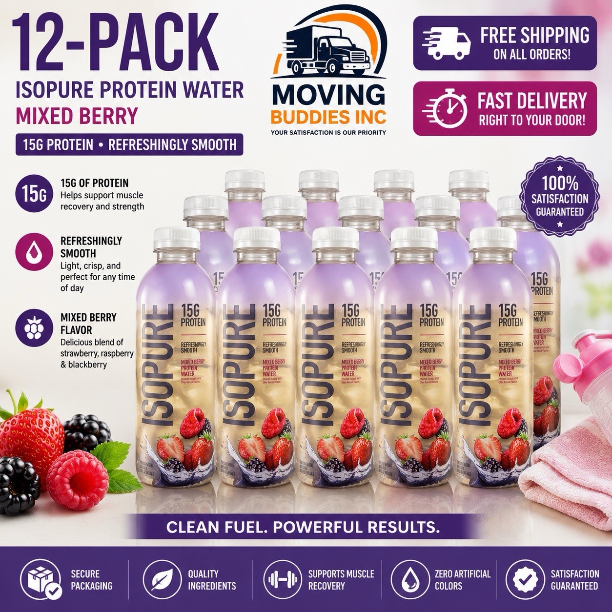 Isopure Clear Protein Water w/ Electrolytes, 15g Whey – Mixed Berry, 12 Pack