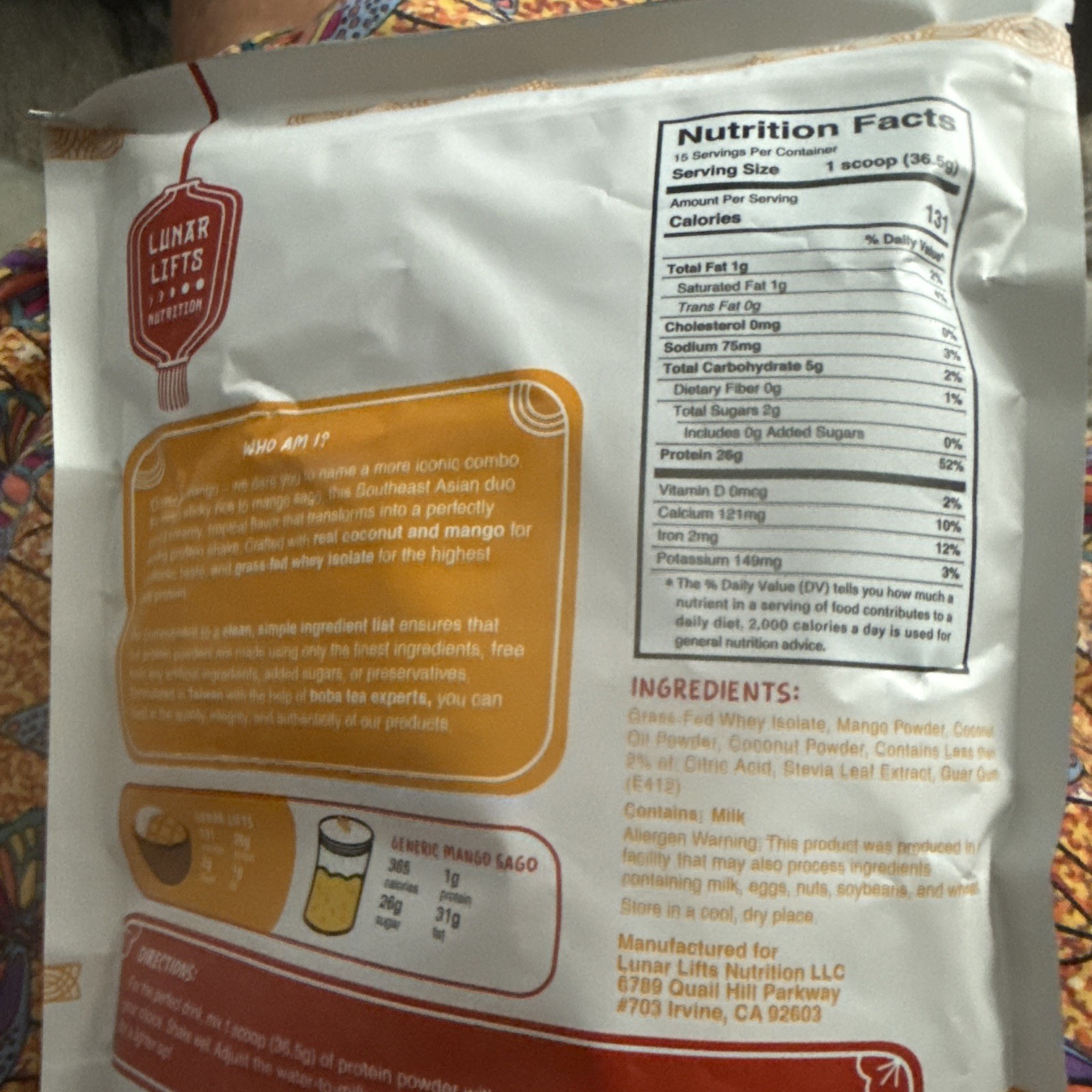 Lunar Lifts Grass Fed Whey Protein Isolate Coconut Mango Cream 19.31oz EXP03/28