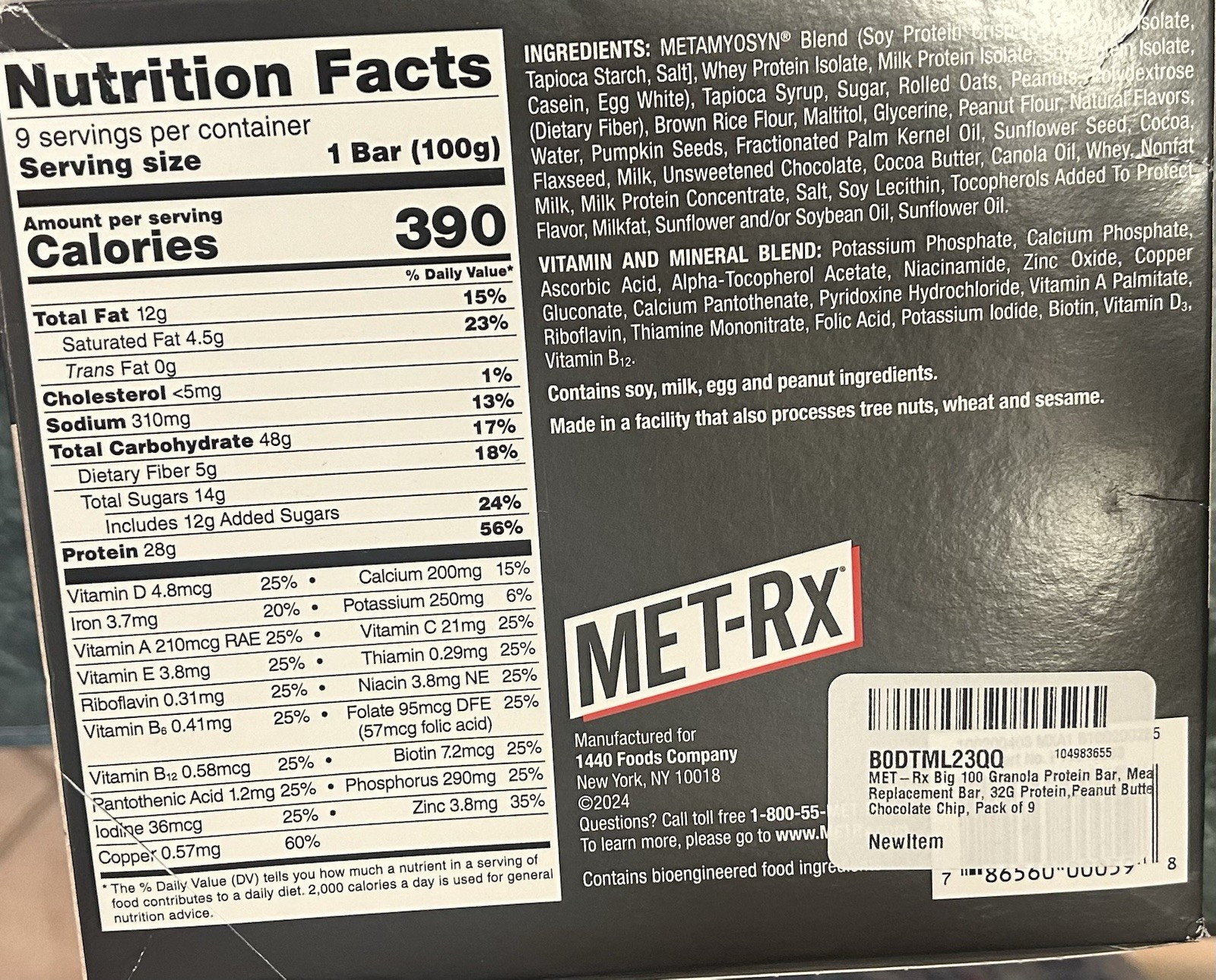 MET-Rx Big 100 Granola Meal Replacement Bar High Protein PB Choc Chip 9 ct