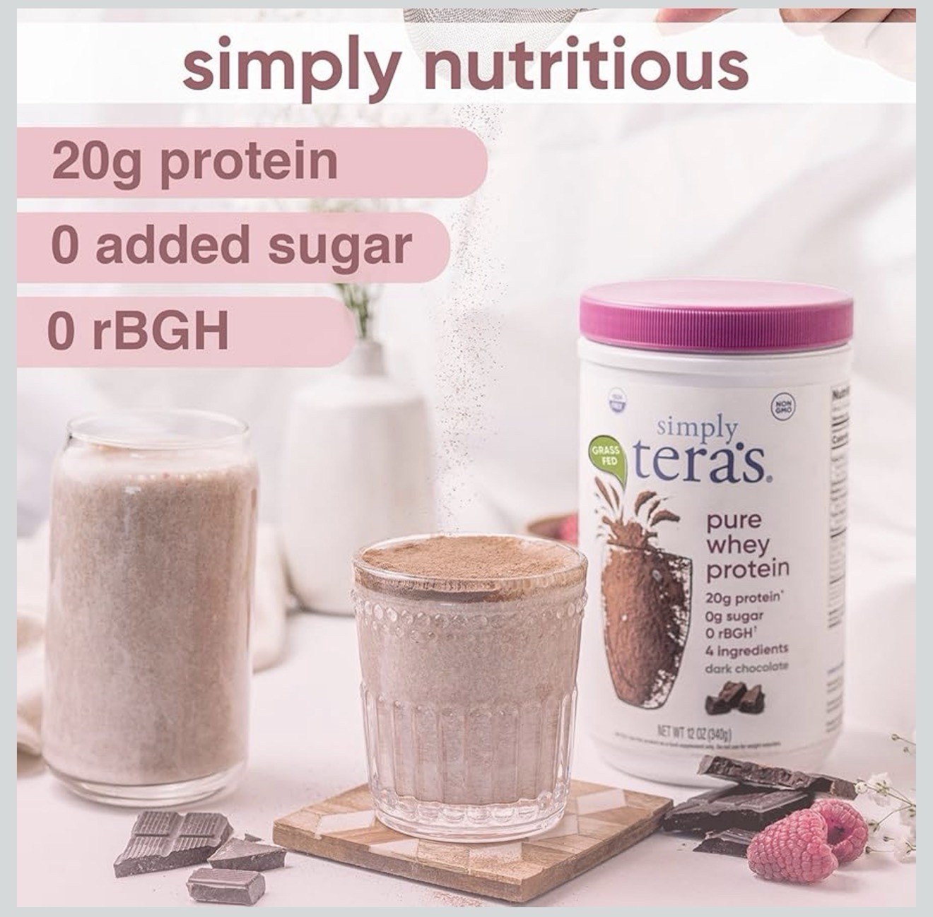 Tera’s Whey Protein Powder – Dark Chocolate – Grass Fed, Non-GMO, 24oz