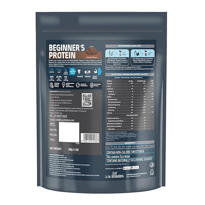 MuscleBlaze Beginner’s Whey Protein Powder, Chocolate (500g / 1.1lbs) | 12g Prot