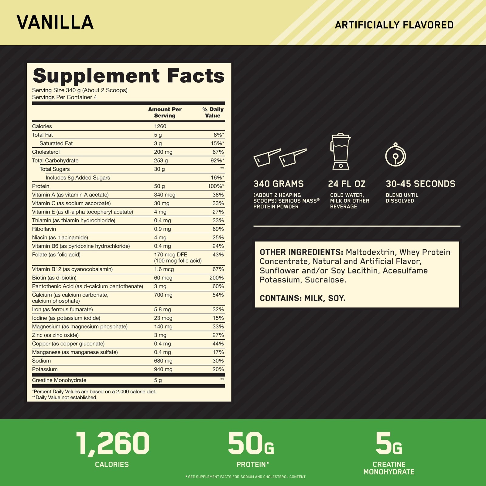 “Optimum Nutrition Serious Mass, Vanilla, Weight Gainer Protein Powder, Mass Gai