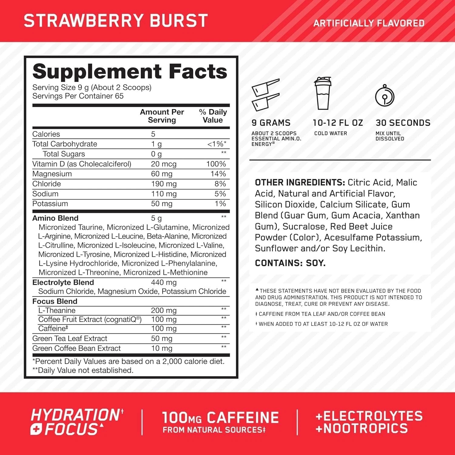 Amino Energy Powder Plus Focus, with BCAA, Electrolytes, and Caffeine, Strawb…