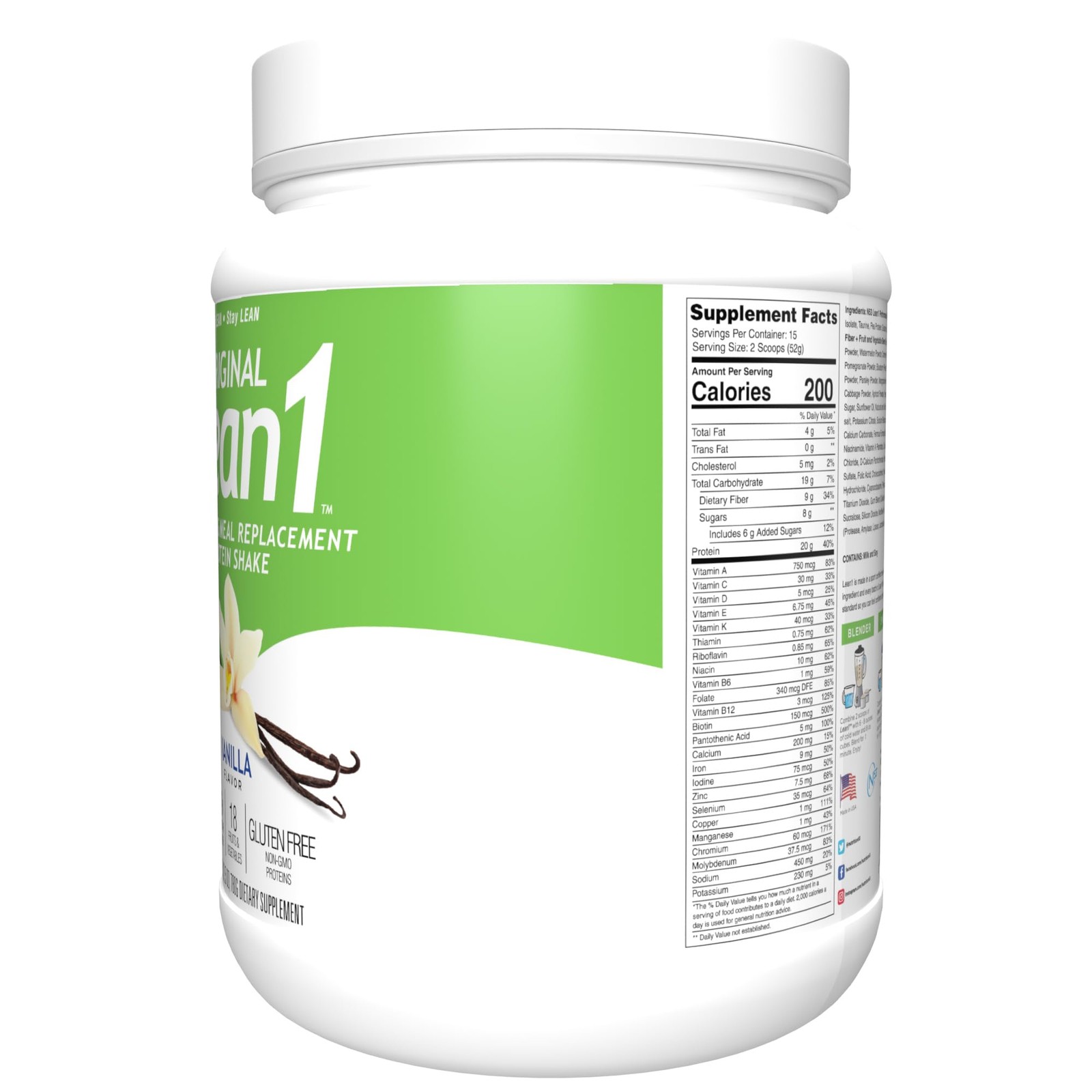 Lean1 Vanilla Meal Replacement Protein Shake Powder 15 Servings Weight Loss