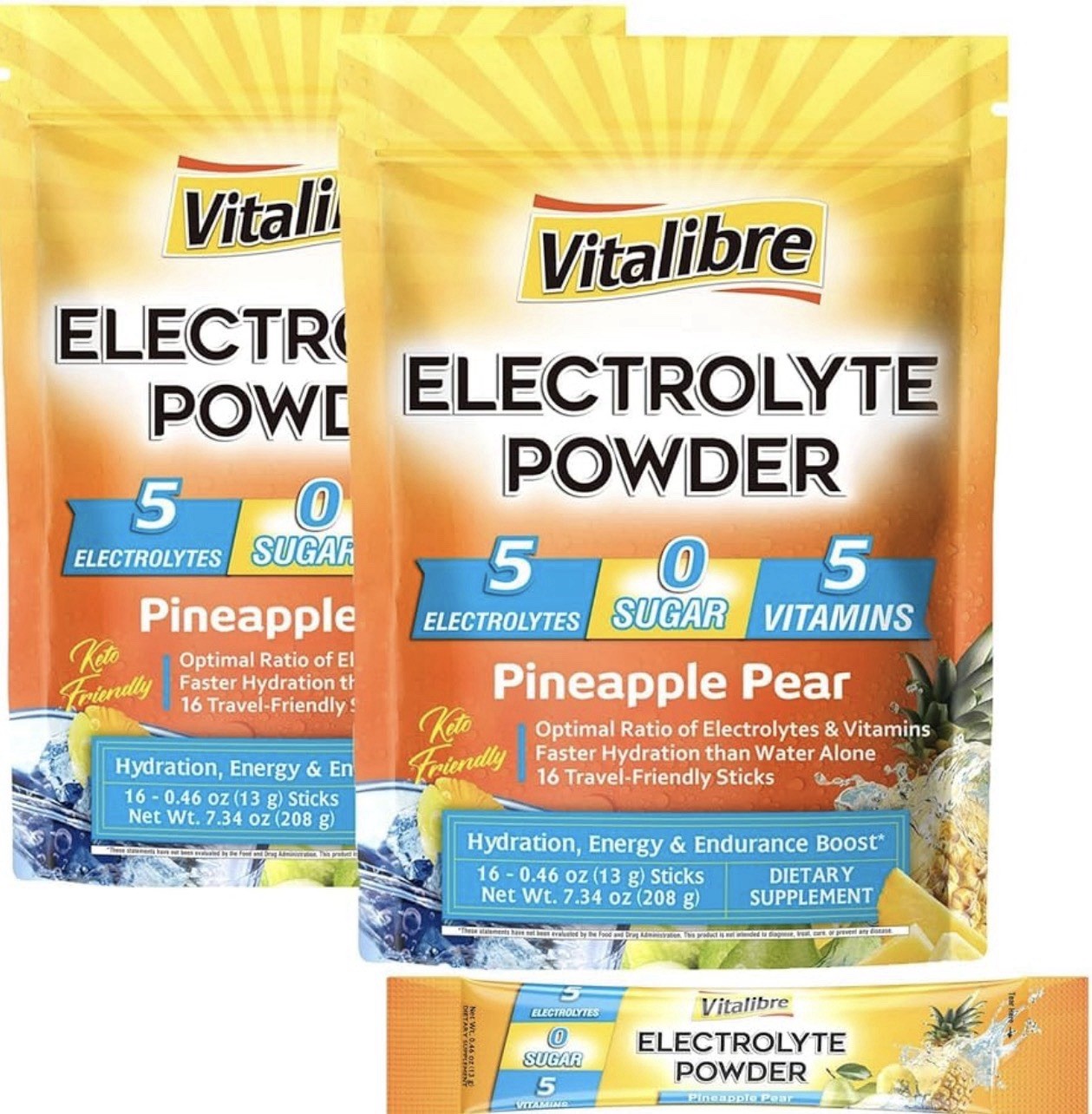 2-Vitalibre Electrolytes Powder Packets 32 Sticks Rapid Hydration Pineapple Pear