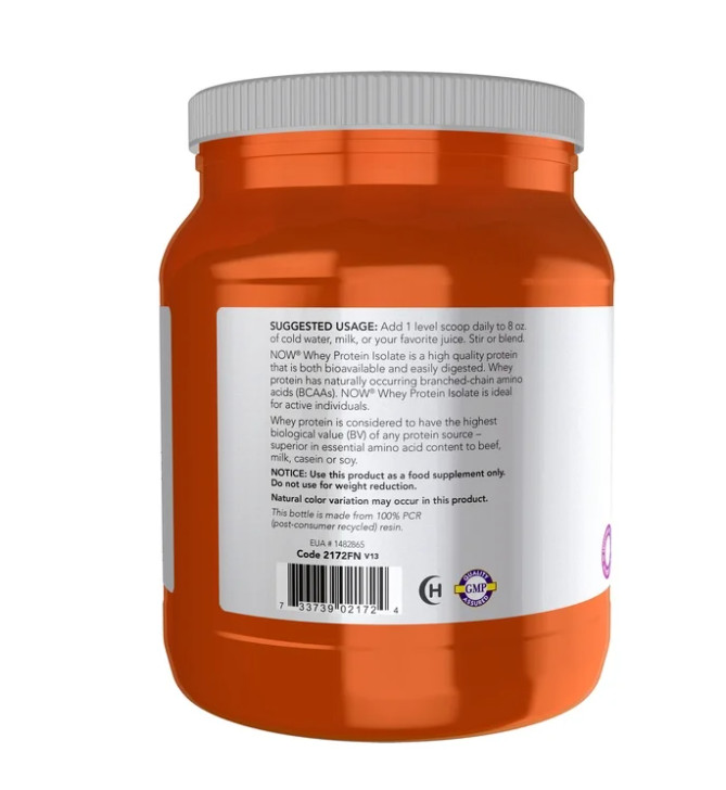 NOW Sports Whey Protein Isolate Unflavored Powder 1.2 lb 25g Protein BCAAs