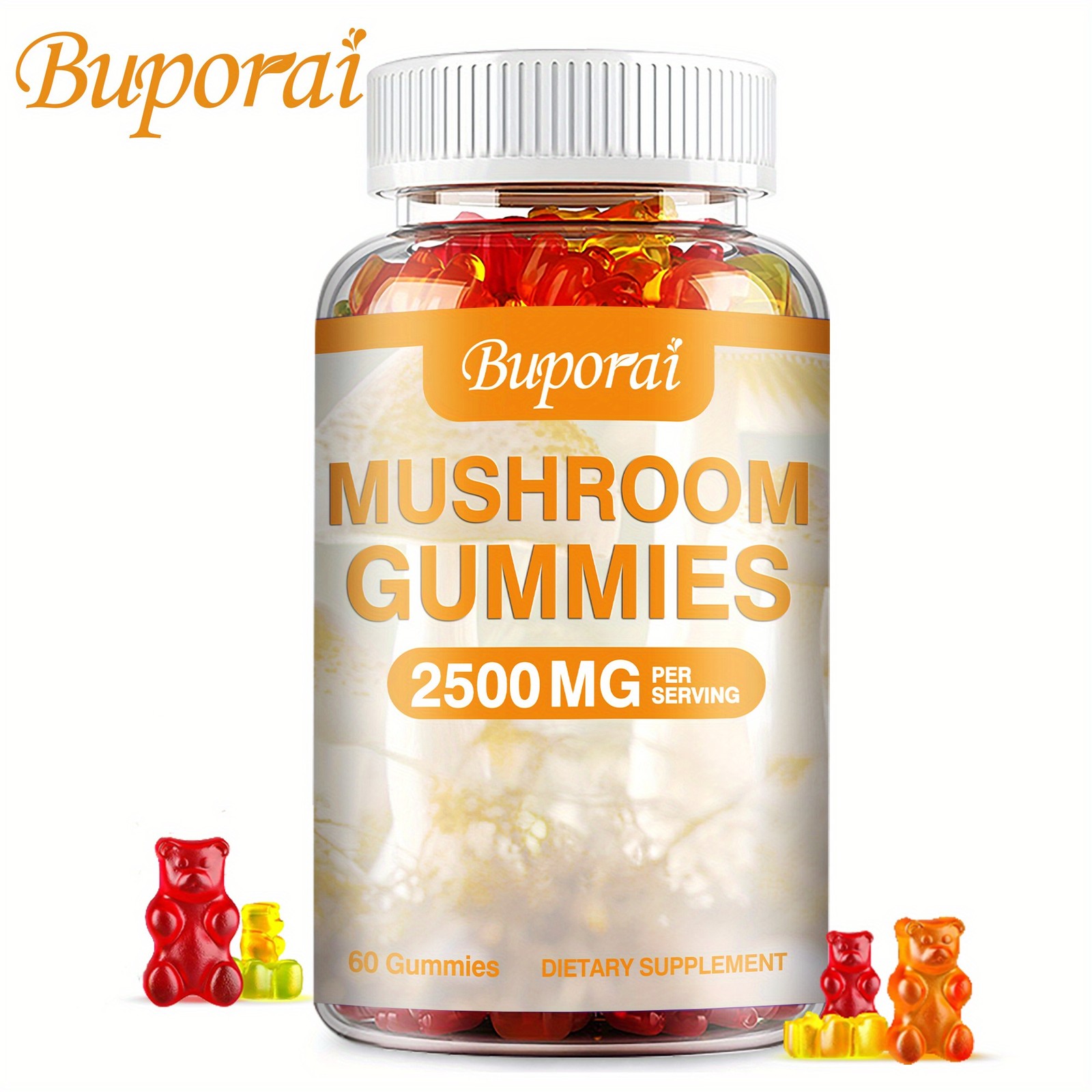 BUPORAI Mushroom Gummies Reishi Cordyceps Maitake Energy 60pcs