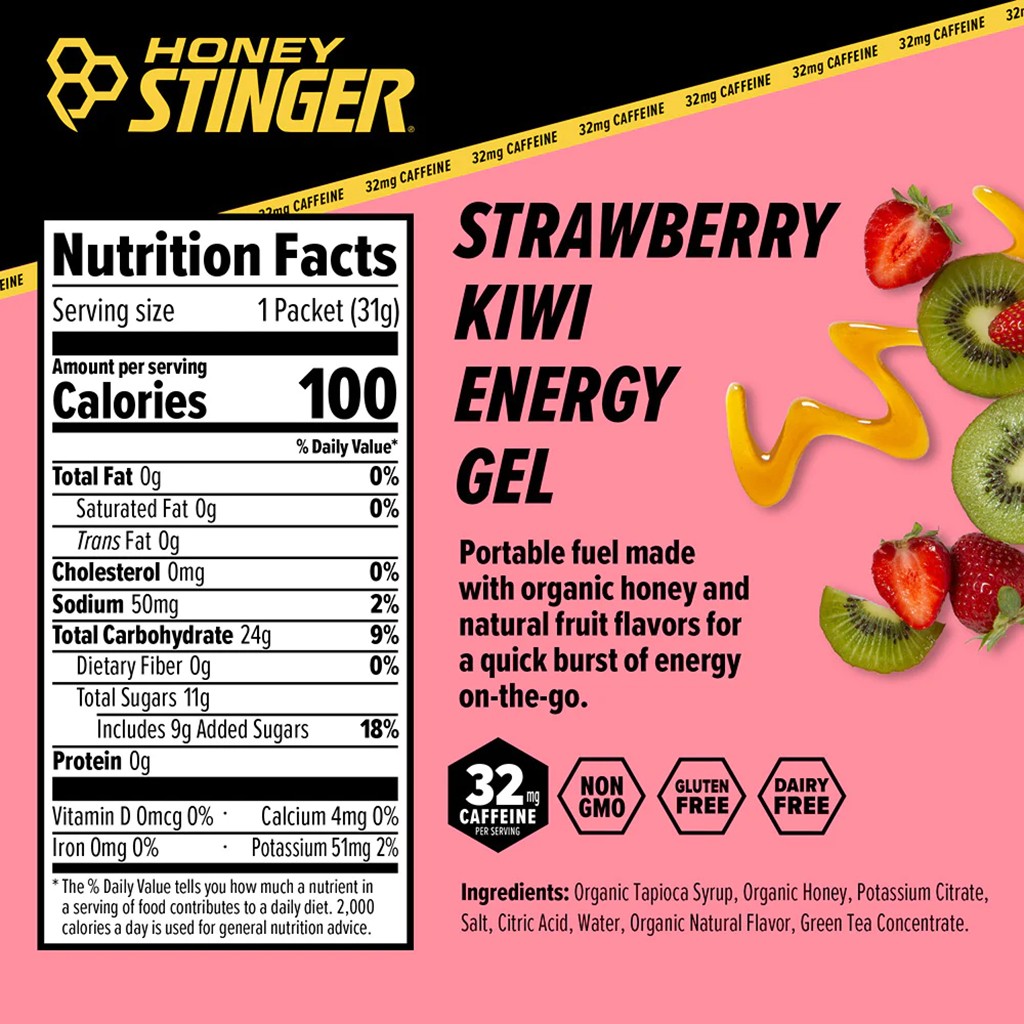 Honey Stinger Organic Energy Gel – Kiwi-Strawberry with Caffeine, Box of 24