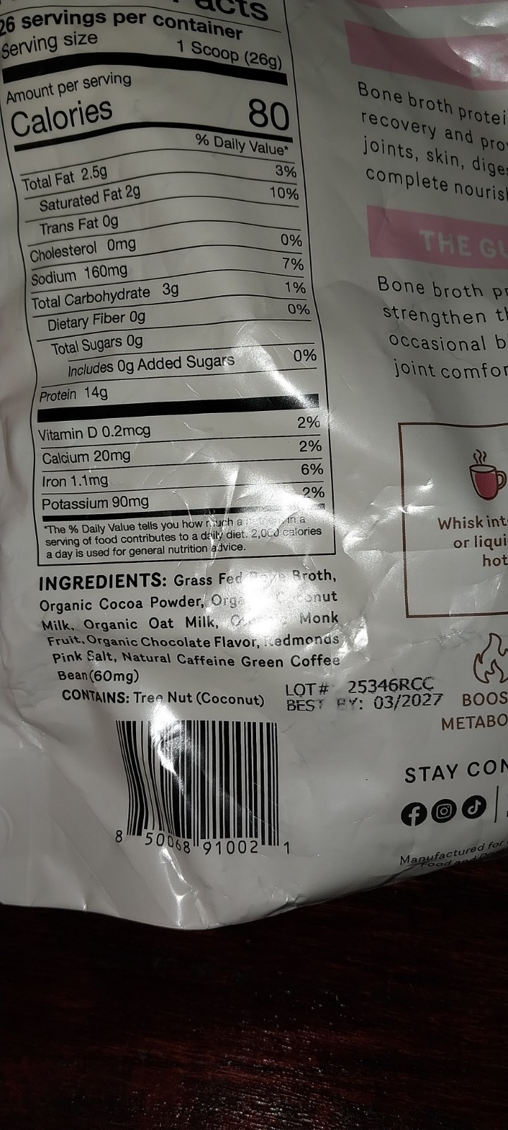 Rae Basics, Bone Broth Protein Mix, Caffeinated Choco 14g Protein per, 26 Serve
