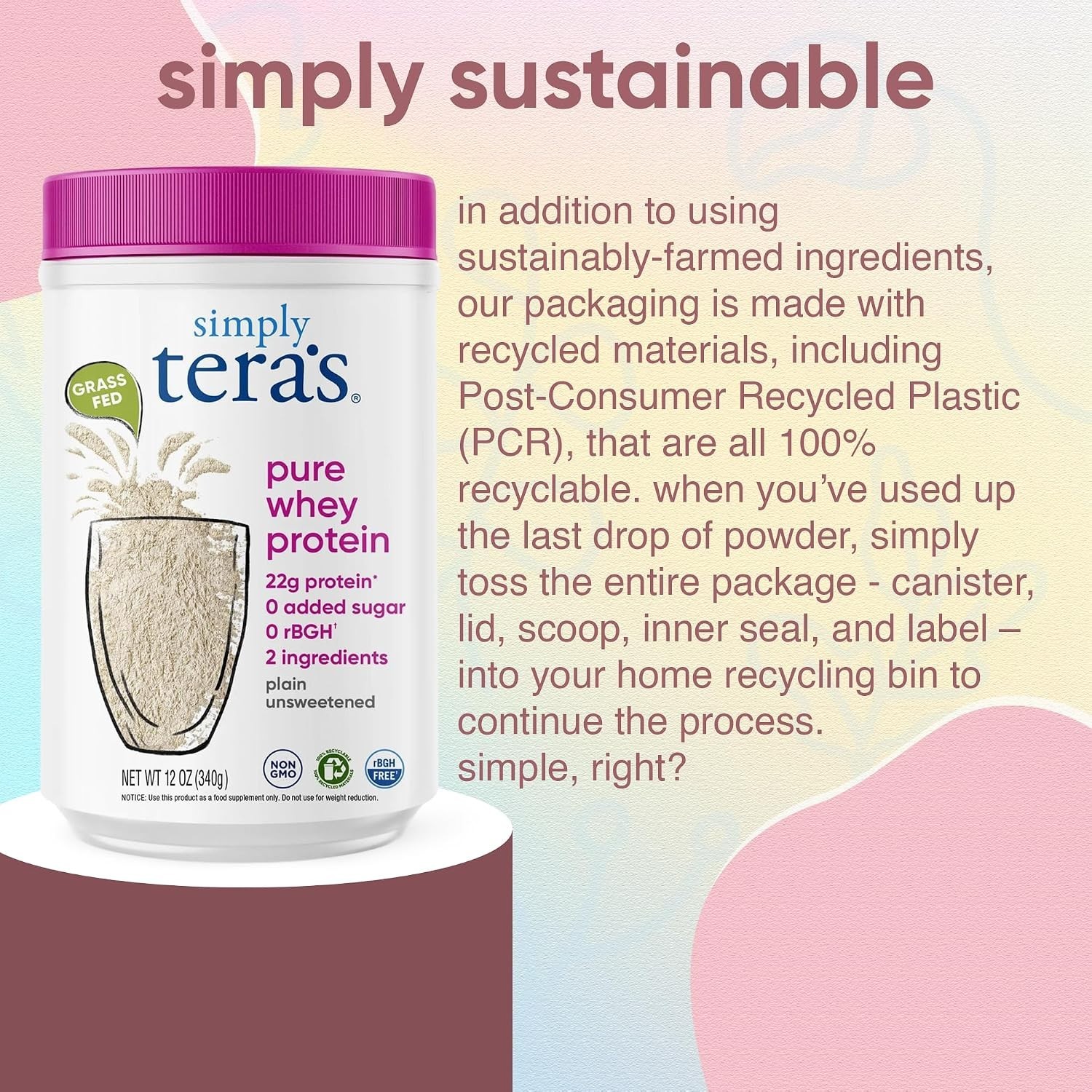 Simply Tera’s Pure Whey Protein Powder Unflavored 12 Oz Grass Fed Non-GMO Kosher