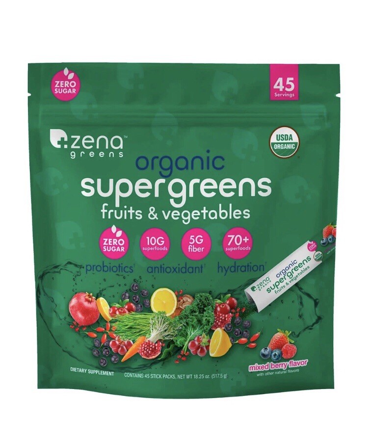 Zena Organic Super Greens Fruit & Vegatables Powder, 45 Sealed Packets
